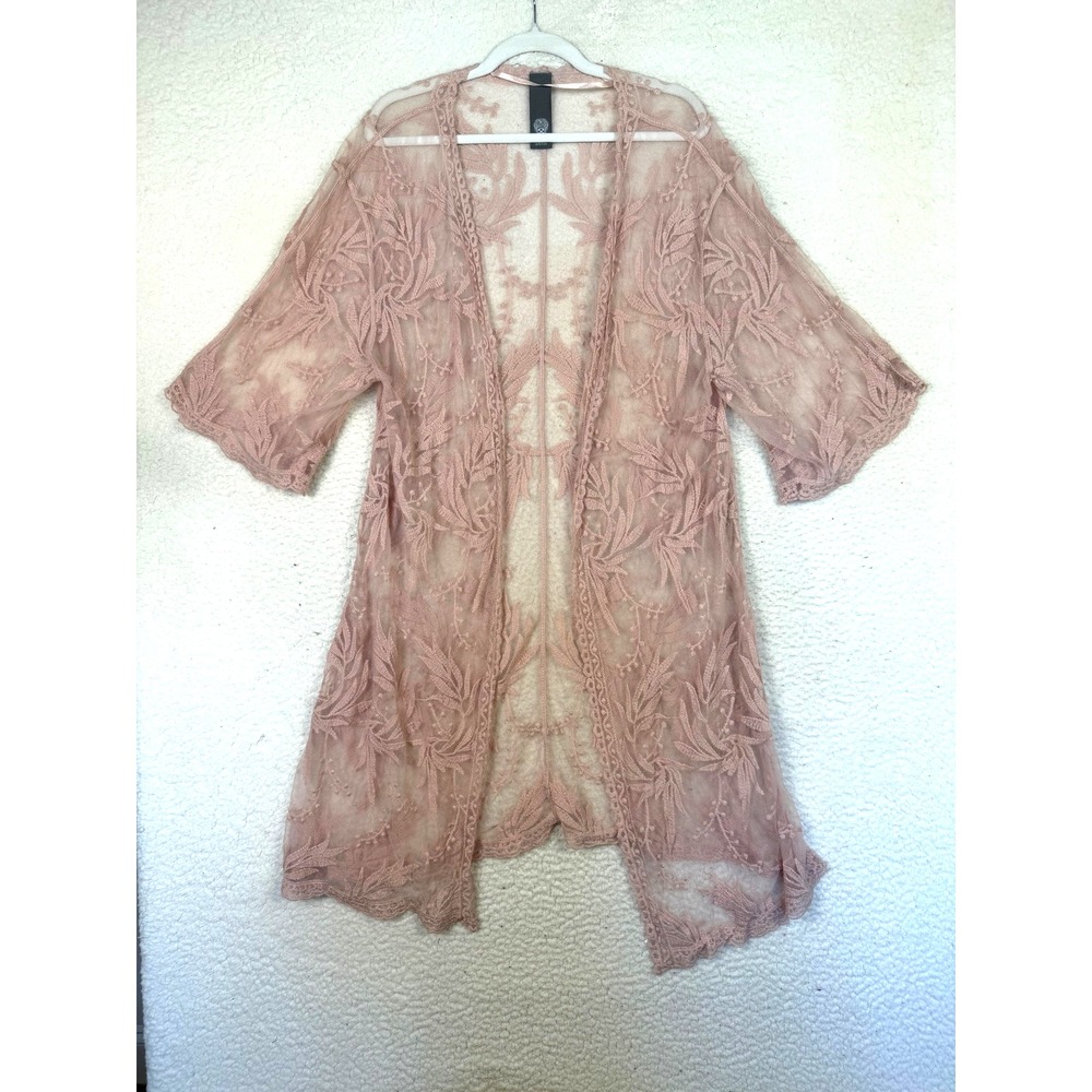 Vince Camuto O/S Sheer Lace Duster Kimono Pink Blush With Scallop Hemline